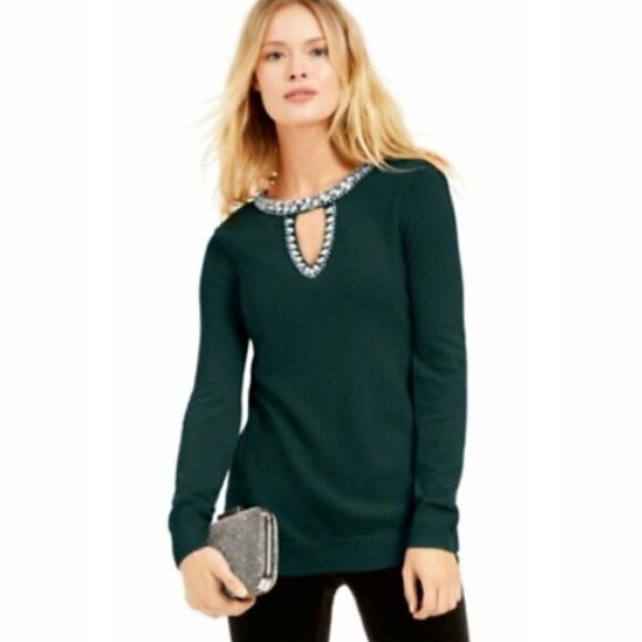 INC Women's Rhinestone Embellished Keyhole Wool Cashmere Silk Blend Sweater - M - Picture 1 of 8